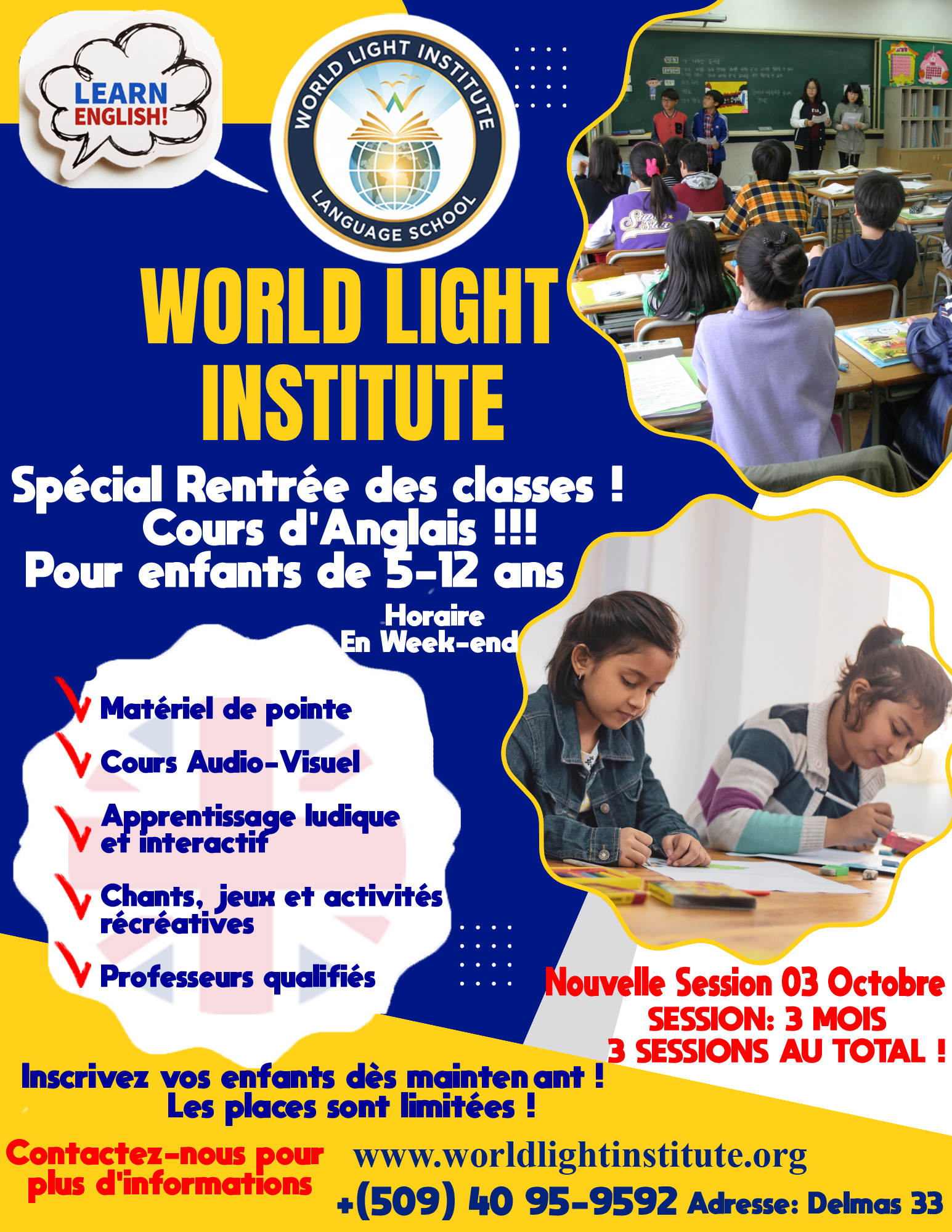 Flyer World Light Institute — Spécial rentrée scolaire, cours d'anglais pour enfants de 5 à 12 ans