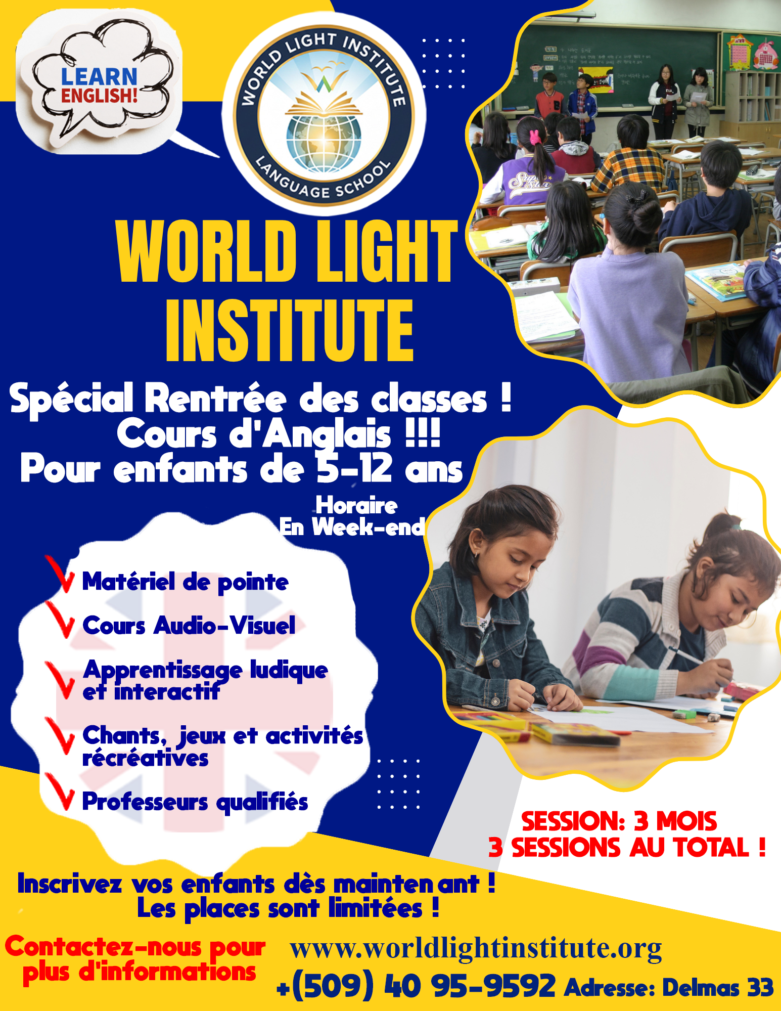 Flyer World Light Institute — Spécial rentrée scolaire, cours d'anglais pour enfants de 5 à 12 ans