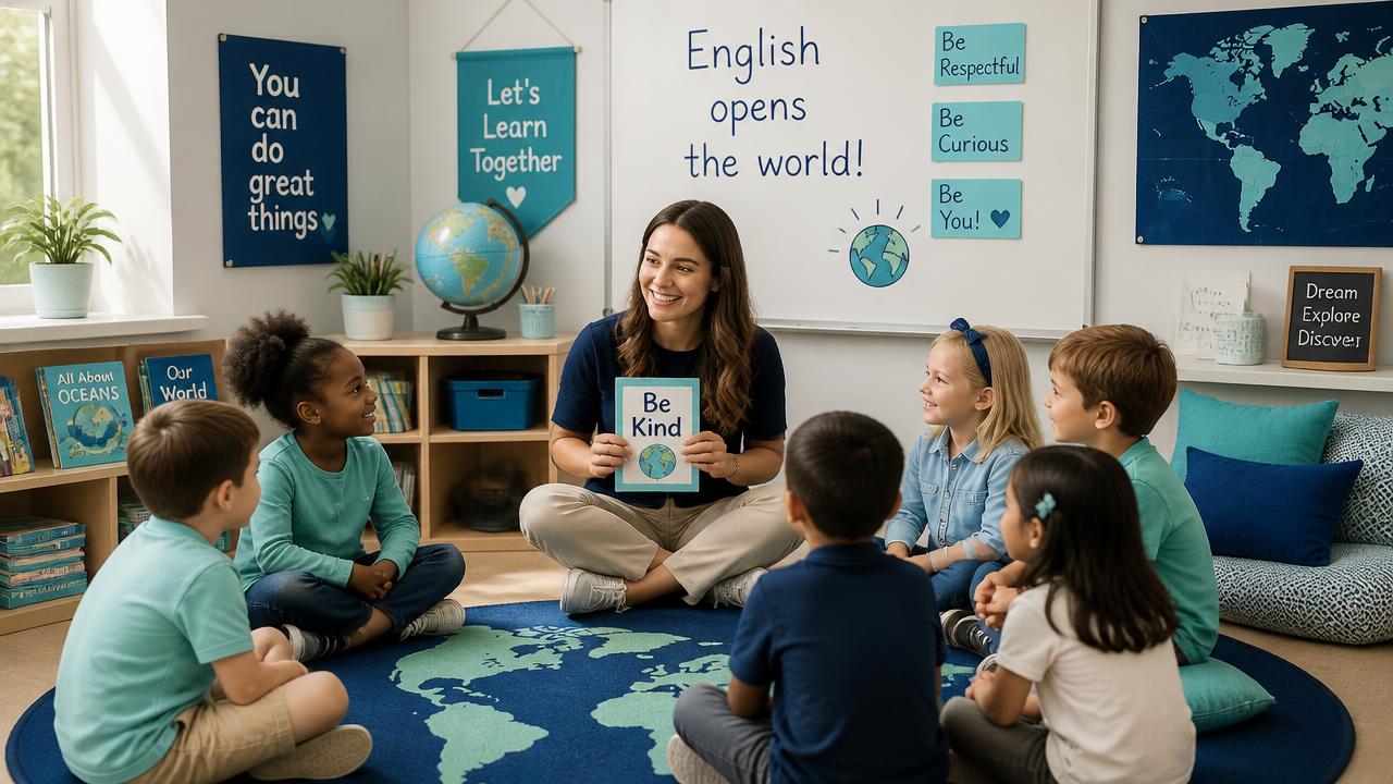 Des enfants apprennent l'anglais dans une salle de classe lumineuse à World Light Institute